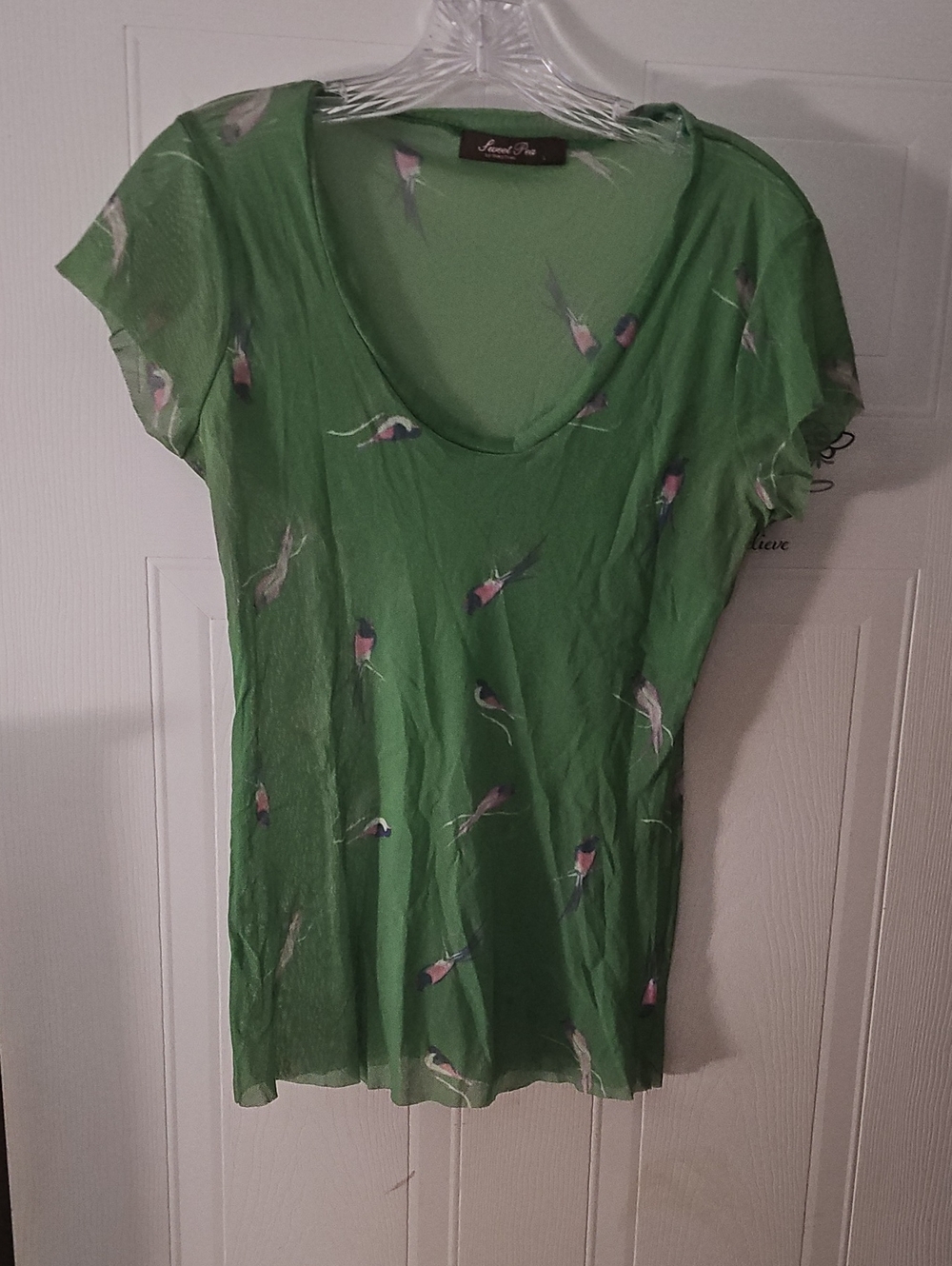 Sweet Pea Green Short Sleeve Scoop Neck Top with Bird Print